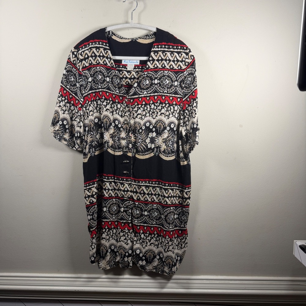 VTG Meryl Fashions‎ Ltd Button Front Tunic Womens 18 Black Red Floral Boho Rayon